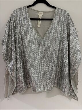 Chico's brand silver sequin V-neck poncho top with flowy batwing sleeves S/M